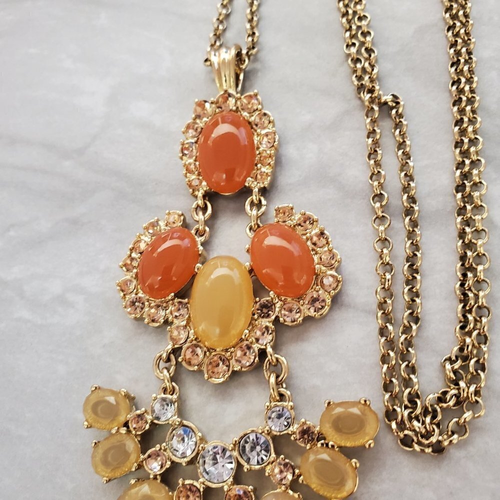 🧡 J Crew Pendant Orange Fan Gold Crystal Rhinstone Necklace 🧡 - Picture 3 of 10